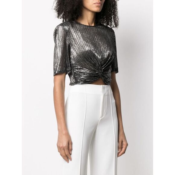 IRO Tops - IRO Womens Black Metallic Twist Front Short Sleeve Evening Crop Top 32